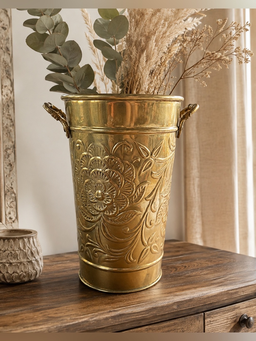 Brass Vase Elegant Expressions 8” French Bucket Floral Embossed Planter India